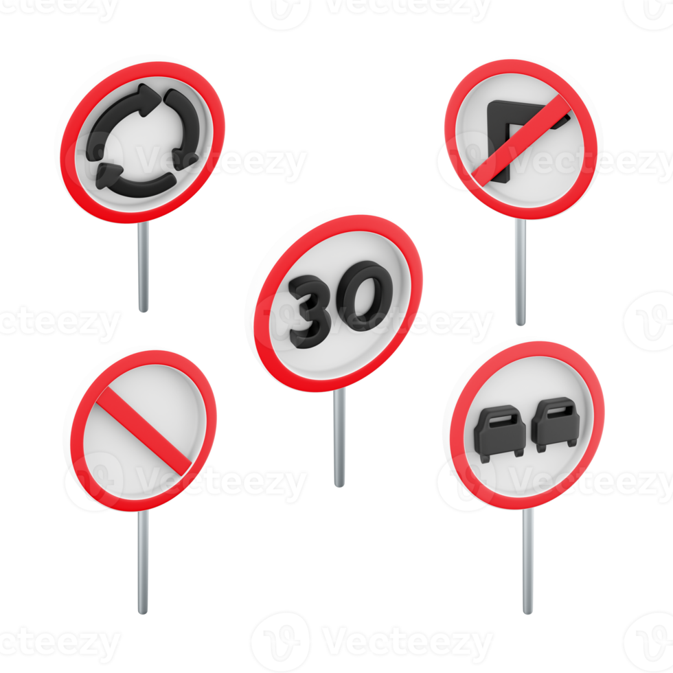 3d rendering roundabout, right turn prohibited, no parking, no overtaking, maximum speed limit 30 road sign icon set. 3d render road sign concept icon set. png