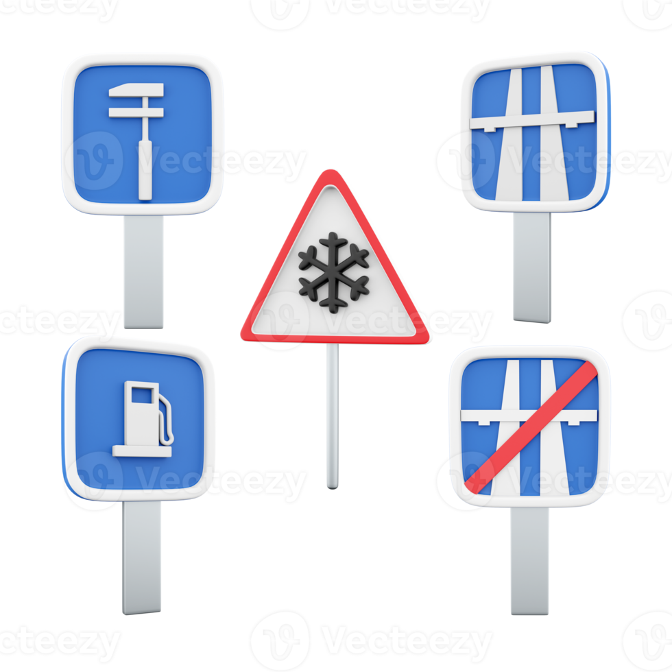3d rendering End of motorway, danger slippery pavement due to ice or snow, motorway, Car maintenance, gas station road sign icon set. 3d render road sign concept icon set png