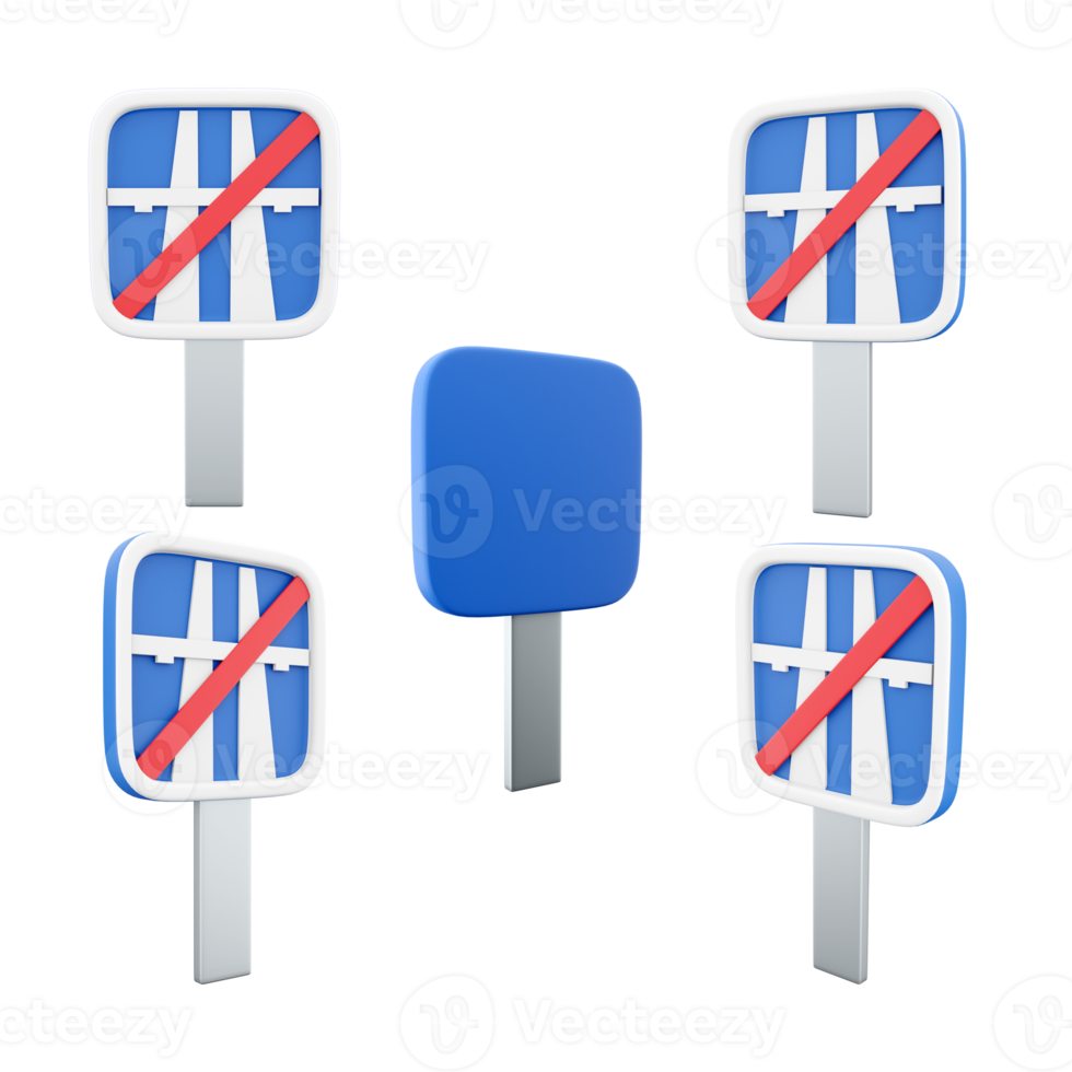 3d rendering end of motorway road sign different positions icon set. 3d render road sign icon set. End of motorway. png