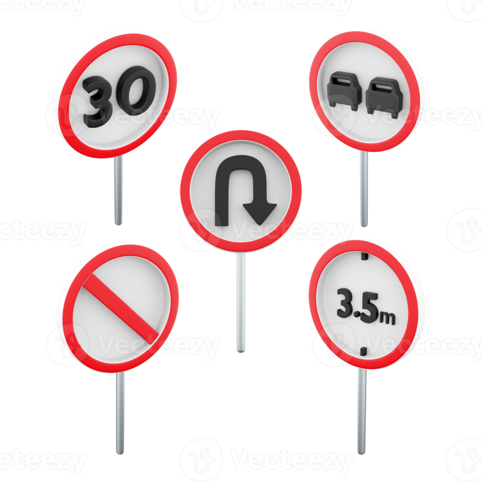 3d interpretazione massimo velocità limite 30, u giro, no sorpasso, proibire il passaggio di veicoli con un' altezza di Di Più di 3.5 metri, no parcheggio strada cartello icona impostare. 3d rendere strada cartello concetto icona. png