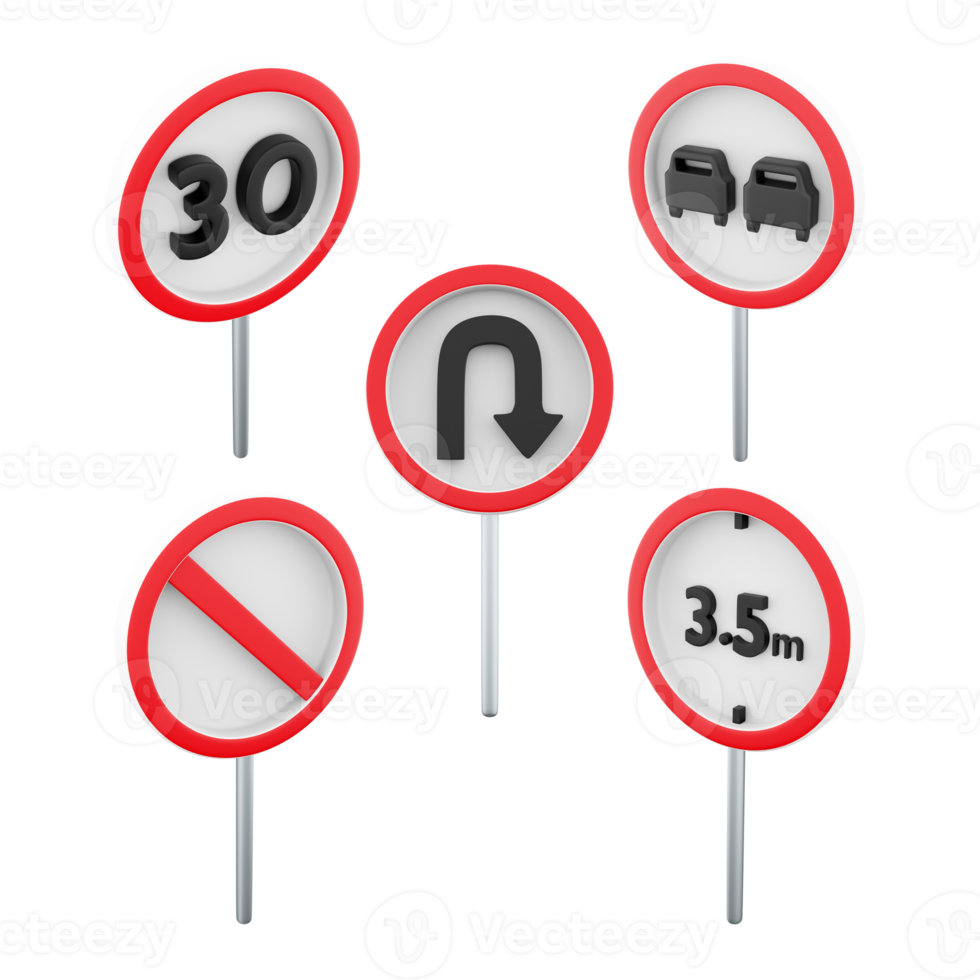 3d Rendern maximal Geschwindigkeit Grenze 30, u drehen, Nein überholen, Verbot das Passage von Fahrzeuge mit ein Höhe von Mehr als 3.5 Meter, Nein Parkplatz Straße Zeichen Symbol Satz. 3d machen Straße Zeichen Konzept Symbol. png