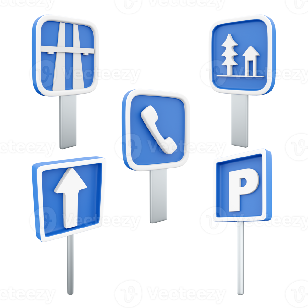 3d rendering one way, motorway, resting place, telephone, parking place road sign icon set. 3d render road sing concept icon set. png