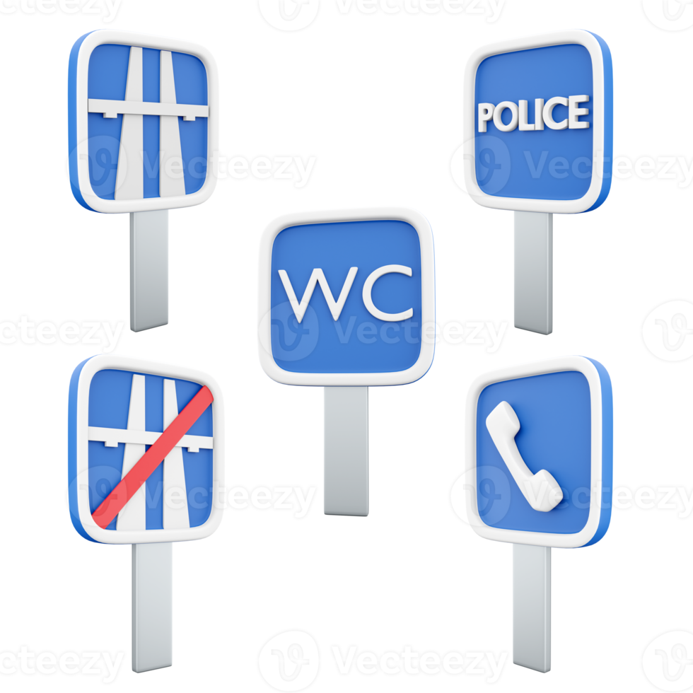 3d rendering motorway, end of motorway, police, toilet, telephone road sign icon set. 3d render road sign concept icon set. png
