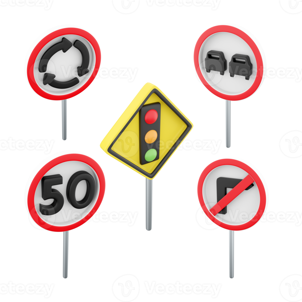 3d rendering roundabout, traffic light regulation, no overtaking, right turn prohibited, maximum speed limit 50 road sign icon set. 3d render road sign concept icon set. png