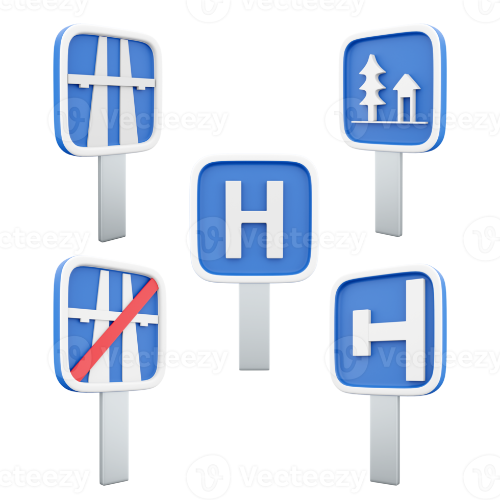 3d Rendern Ende von Autobahn, Autobahn, Krankenhaus, ruhen Ort, tot Ende Straße Zeichen Symbol Satz. 3d machen Straße Zeichen Konzept Symbol Satz. png