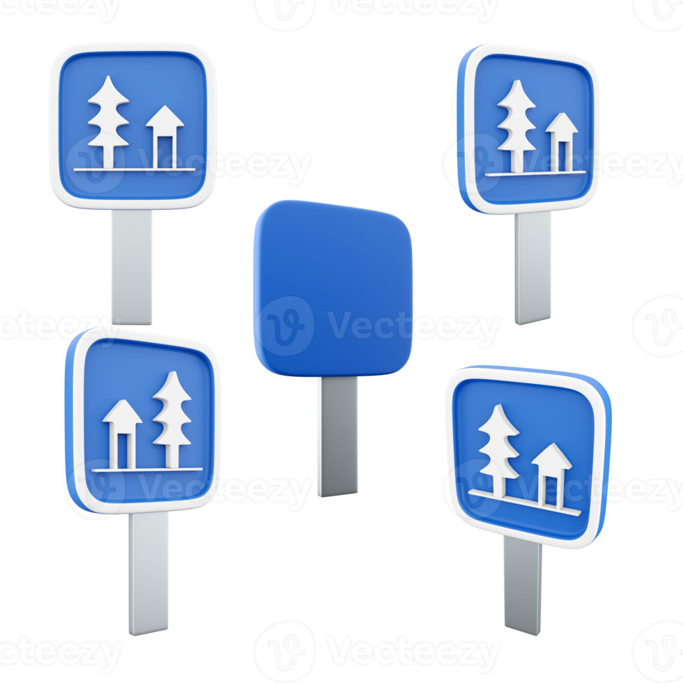 3d rendering resting place road sign different positions icon set. 3d render road sign concept icon set. Resting place. png