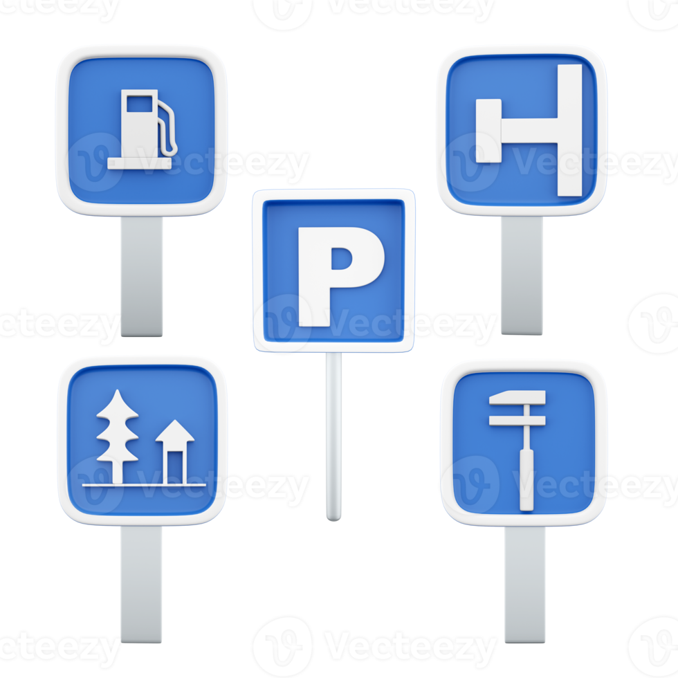 3d rendering gas station, parking place, dead end on the left, car maintenance, resting place road sign icon set. 3d render road sign concept icon set. png