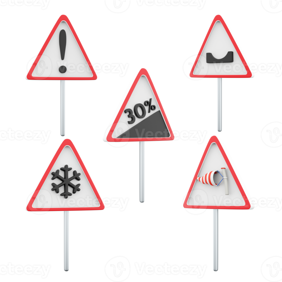 3d rendering steep climb 30 percent, hole on the road, Other hazards, danger slippery pavement due to ice or snow, side wind road sign icon set. 3d render road sign concept icon set. png