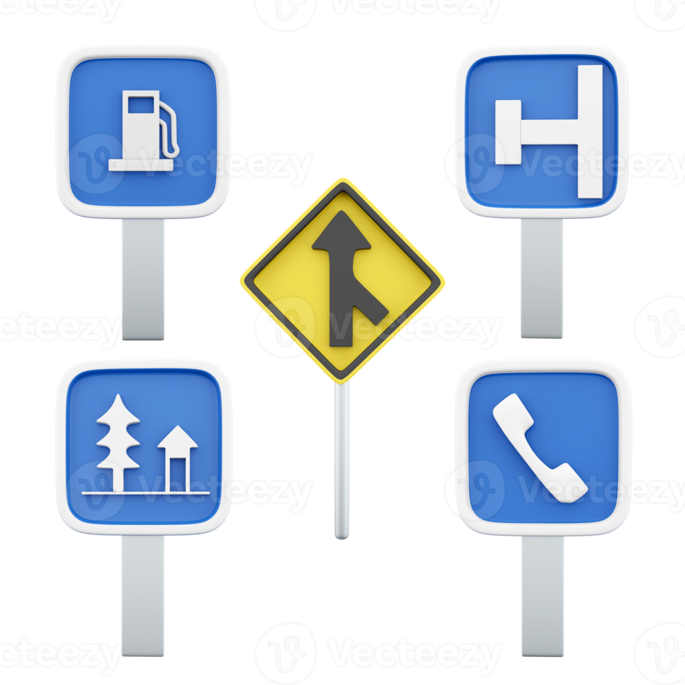 3d rendering minor road junction, gas station, dead end on the left, resting place, telephone road sign icon set. 3d render road sign concept icon set. png