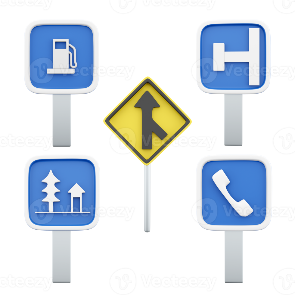 3d le rendu mineur route jonction, gaz gare, mort fin sur le gauche, repos lieu, Téléphone route signe icône ensemble. 3d rendre route signe concept icône ensemble. png
