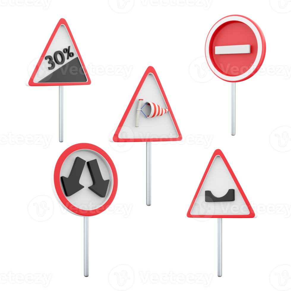 3d rendering steep climb 30 percent, side wind, hole in the road, go around the obstacle on the left or right, No entry road sign icon set. 3d render road sign concept icon set. png