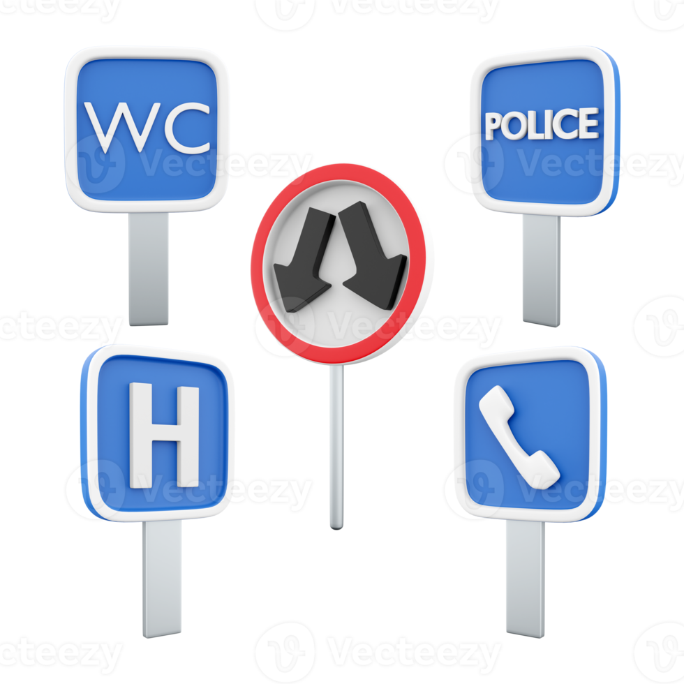 3d rendering toilet, police, hospittal, telephone, go around the obstacle on the left or right road sing icon set. 3d render road sign concept icon set. png