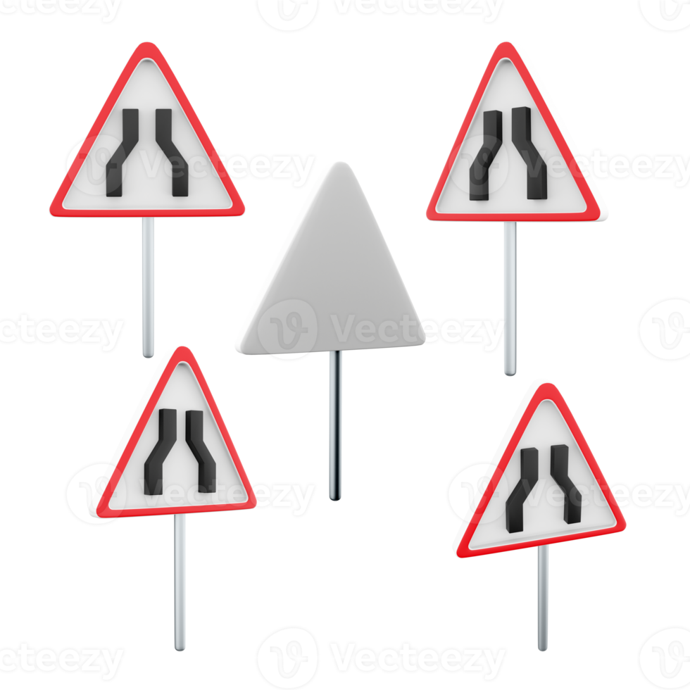 3d rendering Road narrows road sign different positions icon set. 3d render road sign concept icon set. constriction. png