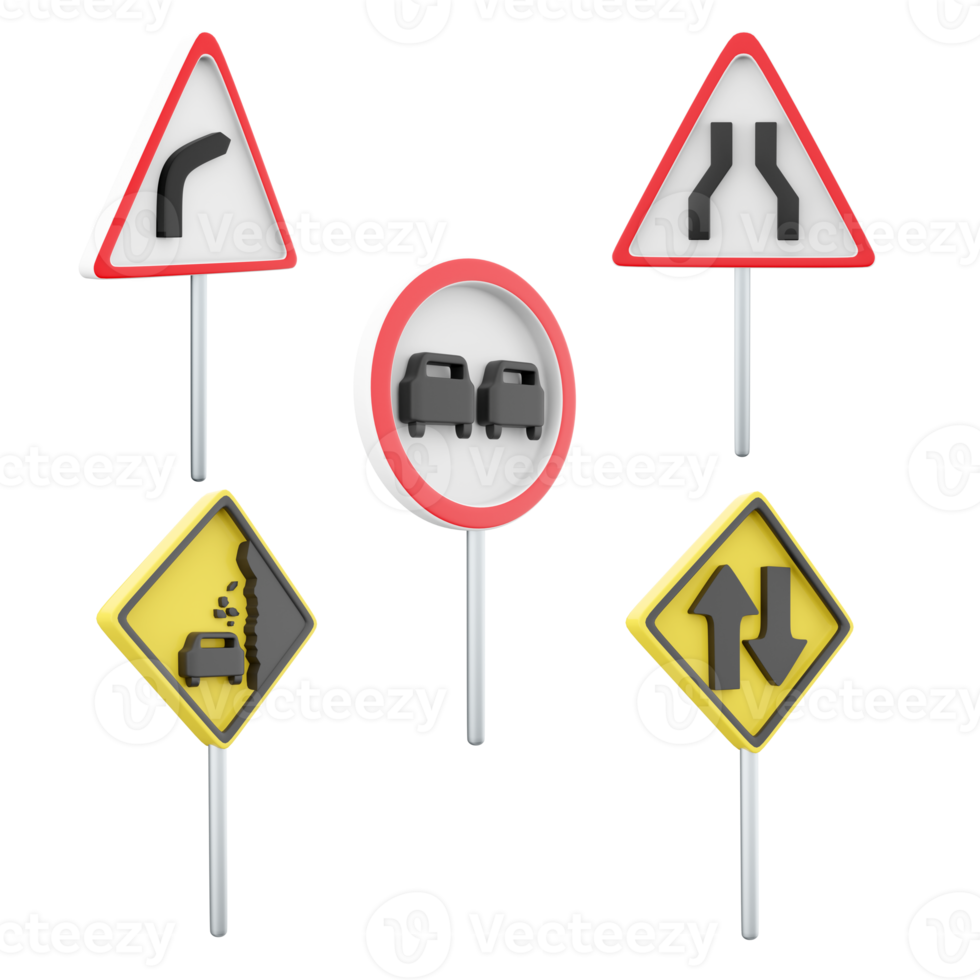 3d rendering road narrows, falling stones, two way traffic, no overtaking, dangerous right turn road sign icon set. 3d render road sign concept icon set. png