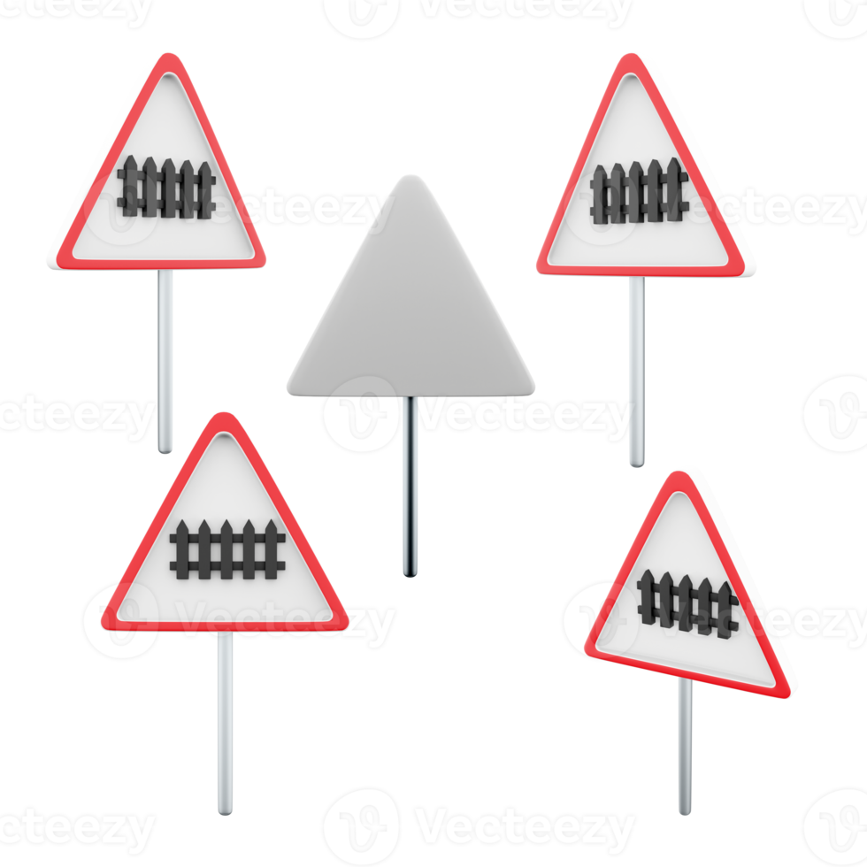 3d rendering Railway train level crossing road sign different positions icon set. 3d render road sign concept icon set. Railway train level crossing. png