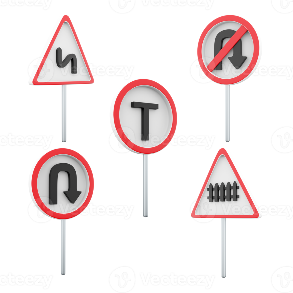 3d Rendern Eisenbahn Zug Niveau Kreuzung, t der Verkehr Transport, gefährlich wendet sich mit zuerst links, Nein u drehen, Kehrtwende Straße Zeichen Symbol Satz. 3d machen Straße Zeichen Konzept Symbol Satz. png