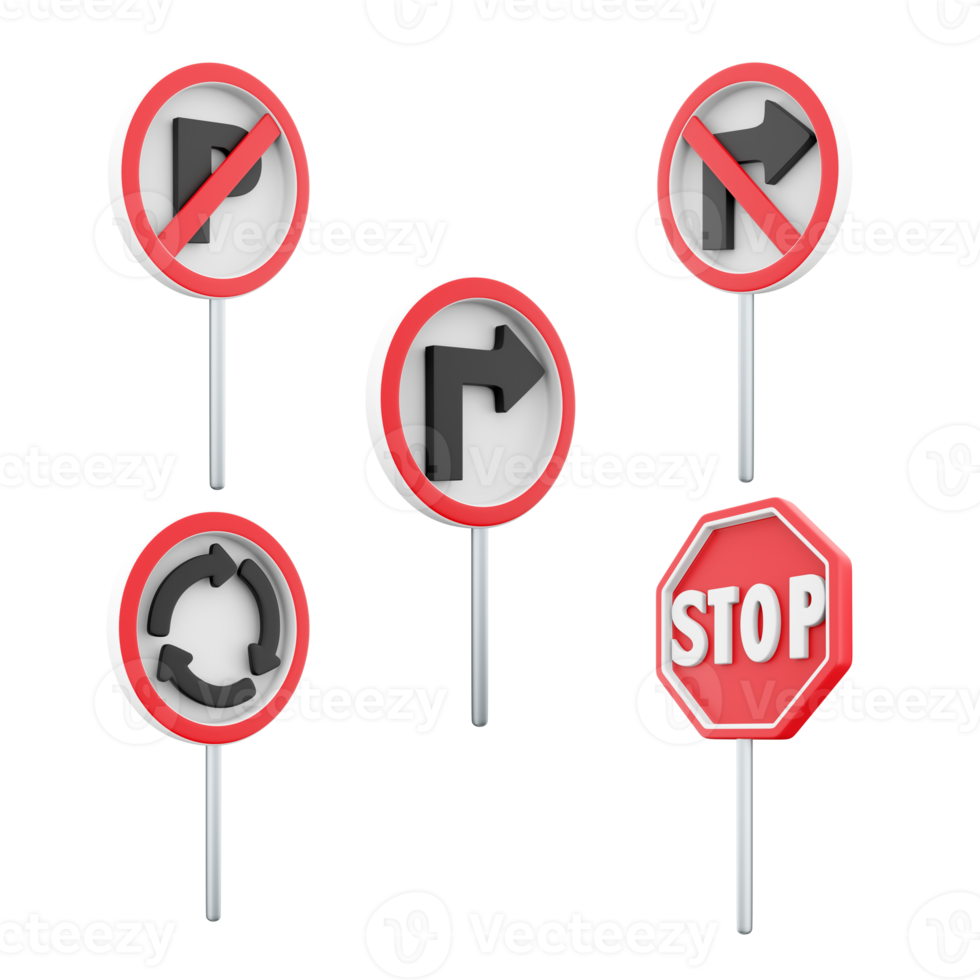 3d renderen paking verbieden, Rechtsaf beurt verboden, rotonde, beweging zonder stoppen is verboden, beurt Rechtsaf weg teken icoon set. 3d geven weg teken concept icoon set. png