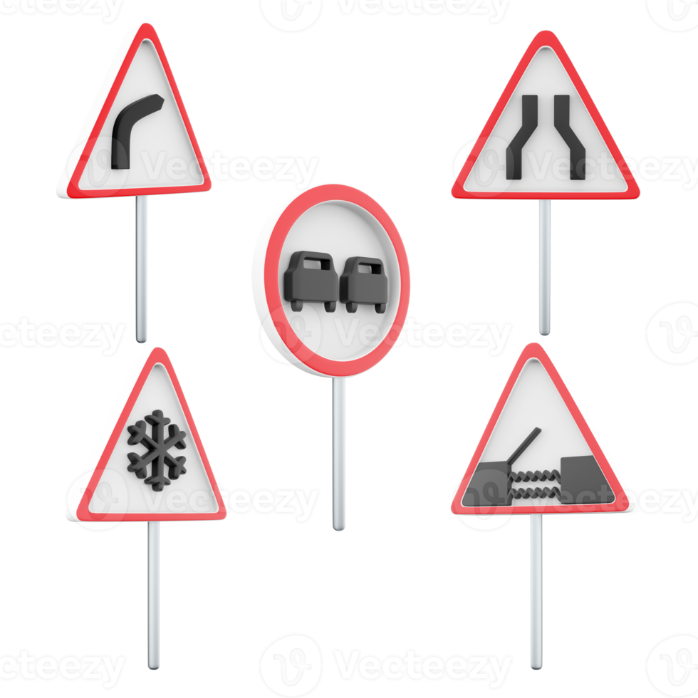 3d rendering road narrows, no overtaking, drawbridge, dangerous right turn, danger slippery pavement due to ice or snow road sign icon set. 3d render road sign concept icon set. png