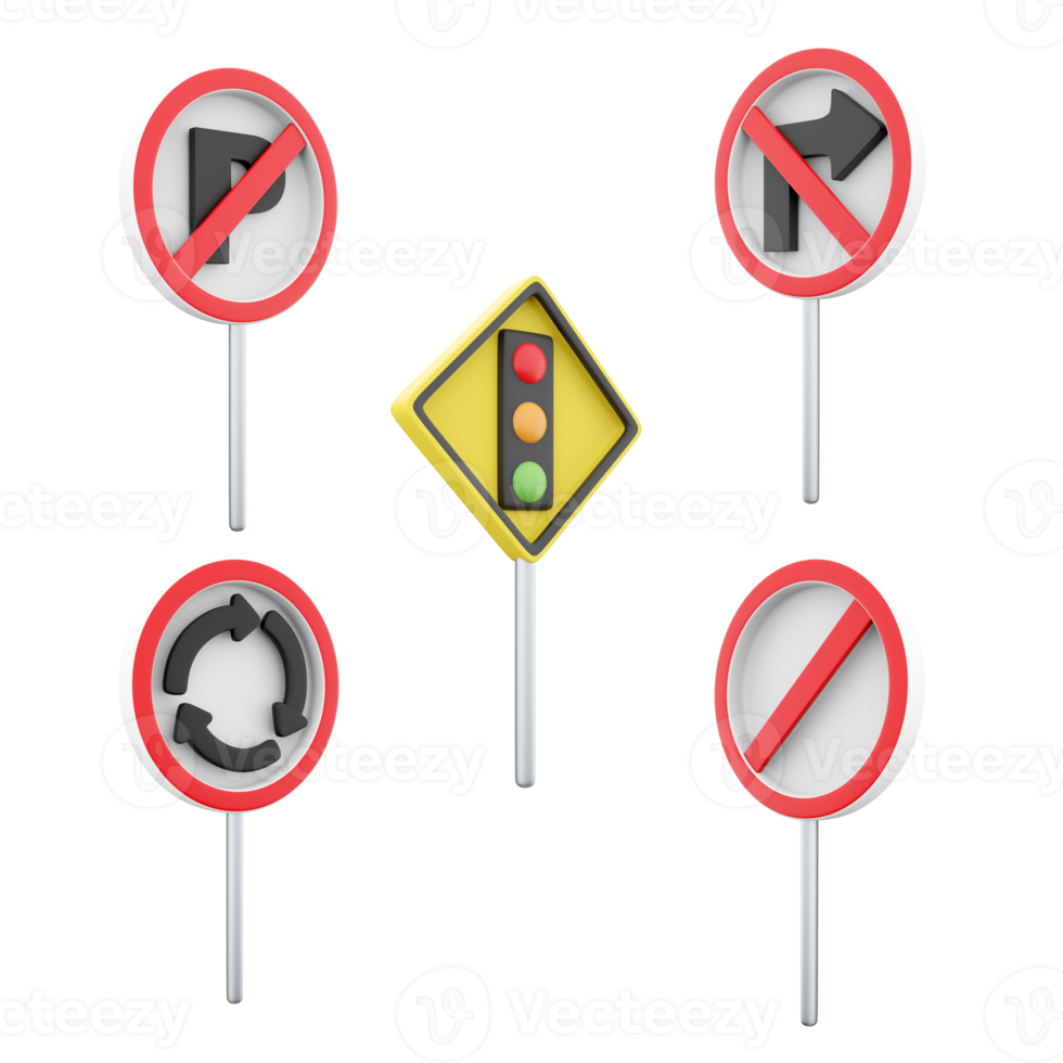 3d Rendern Nein Parken, Parkplatz Verbot, der Verkehr Licht Verordnung, richtig Wende verboten, Kreisel Straße Zeichen Symbol Satz. 3d machen Straße Zeichen Konzept Symbol Satz. png