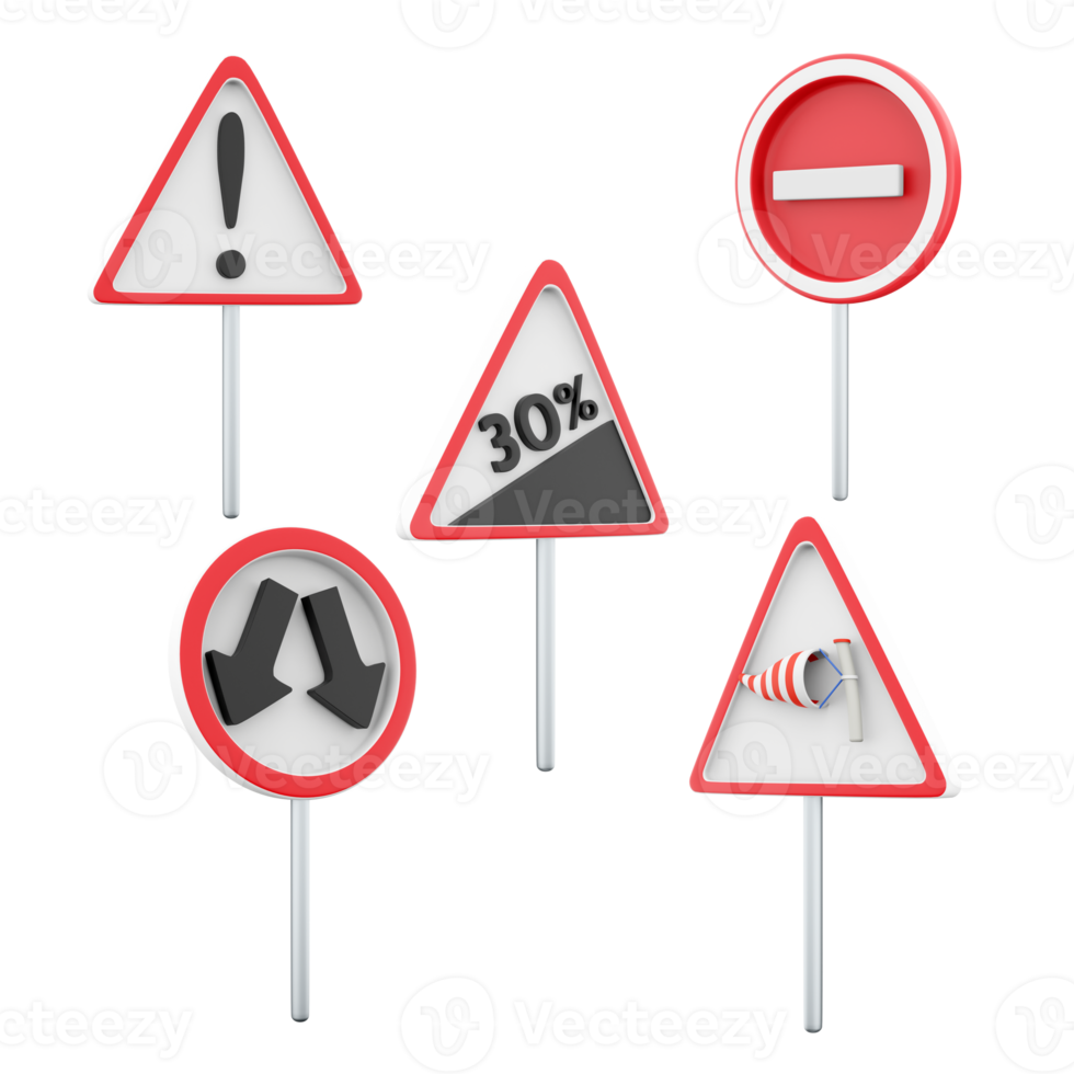 3d rendering steep climb 30 percent, side wind, Other hazards, go around the obstacle on the left or right, No entry road sign icon set. 3d render road sign concept icon set. png