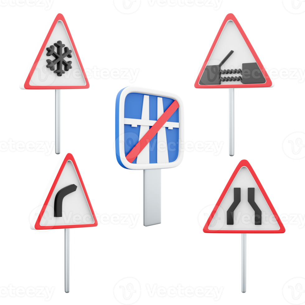 3d rendering road narrows, end of motorway, drawbridge, dangerous right turn, danger slippery pavement due to ice or snow road sign icon set. 3d render road sign concept icon set. png