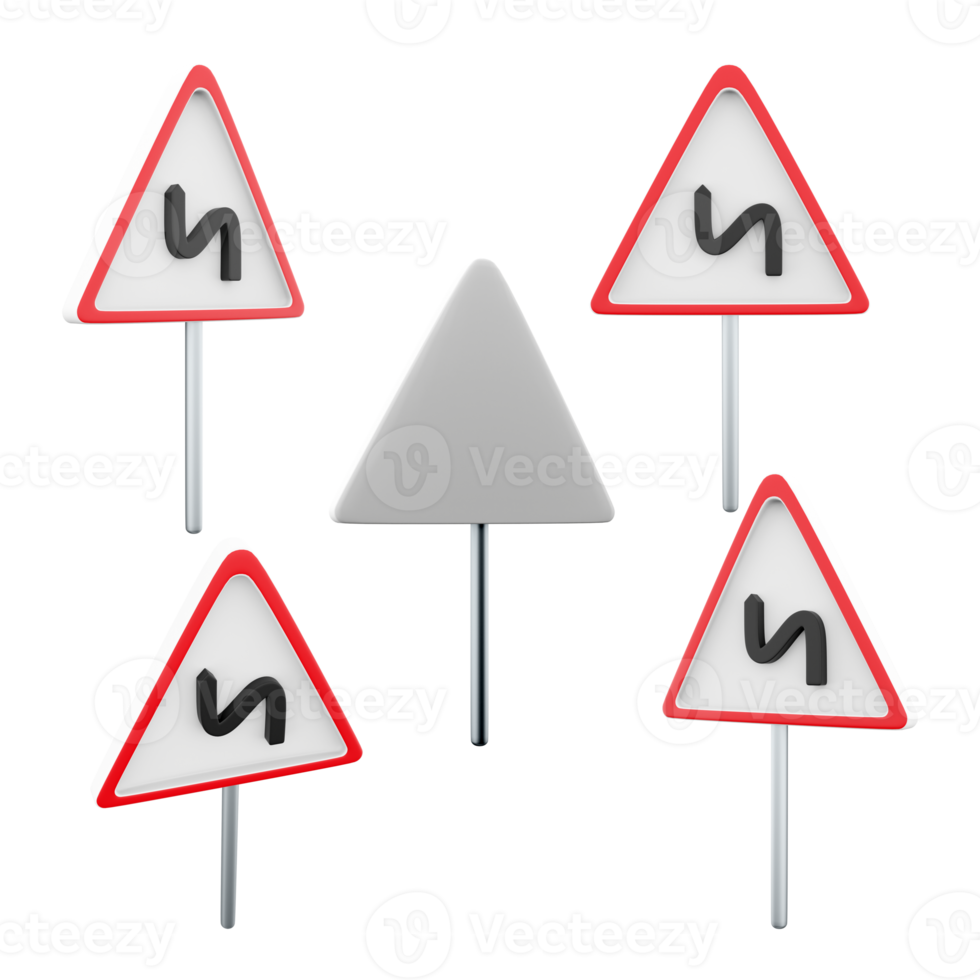 3d rendering Dangerous turns with first left road sign different positions icon set. 3d render road sign concept icon set. Dangerous turns. png