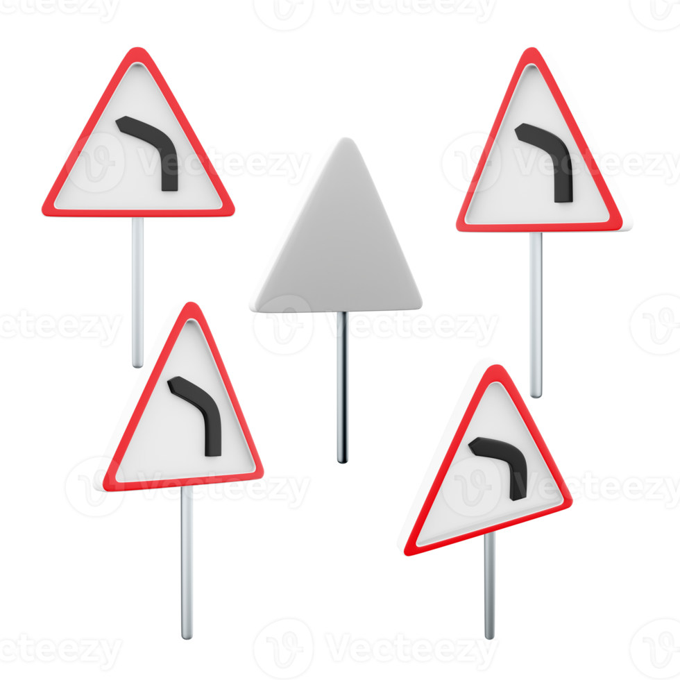 3d rendering Dangerous left turn road sign different positions icon set. 3d render road sign concept icon set. Dangerous left turn. png