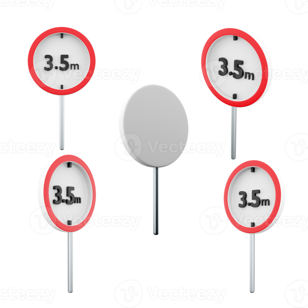 3d renderen verbieden de passage van voertuigen met een hoogte van meer dan 3.5 meter weg teken verschillend standen icoon set. 3d geven weg teken concept icoon set. png