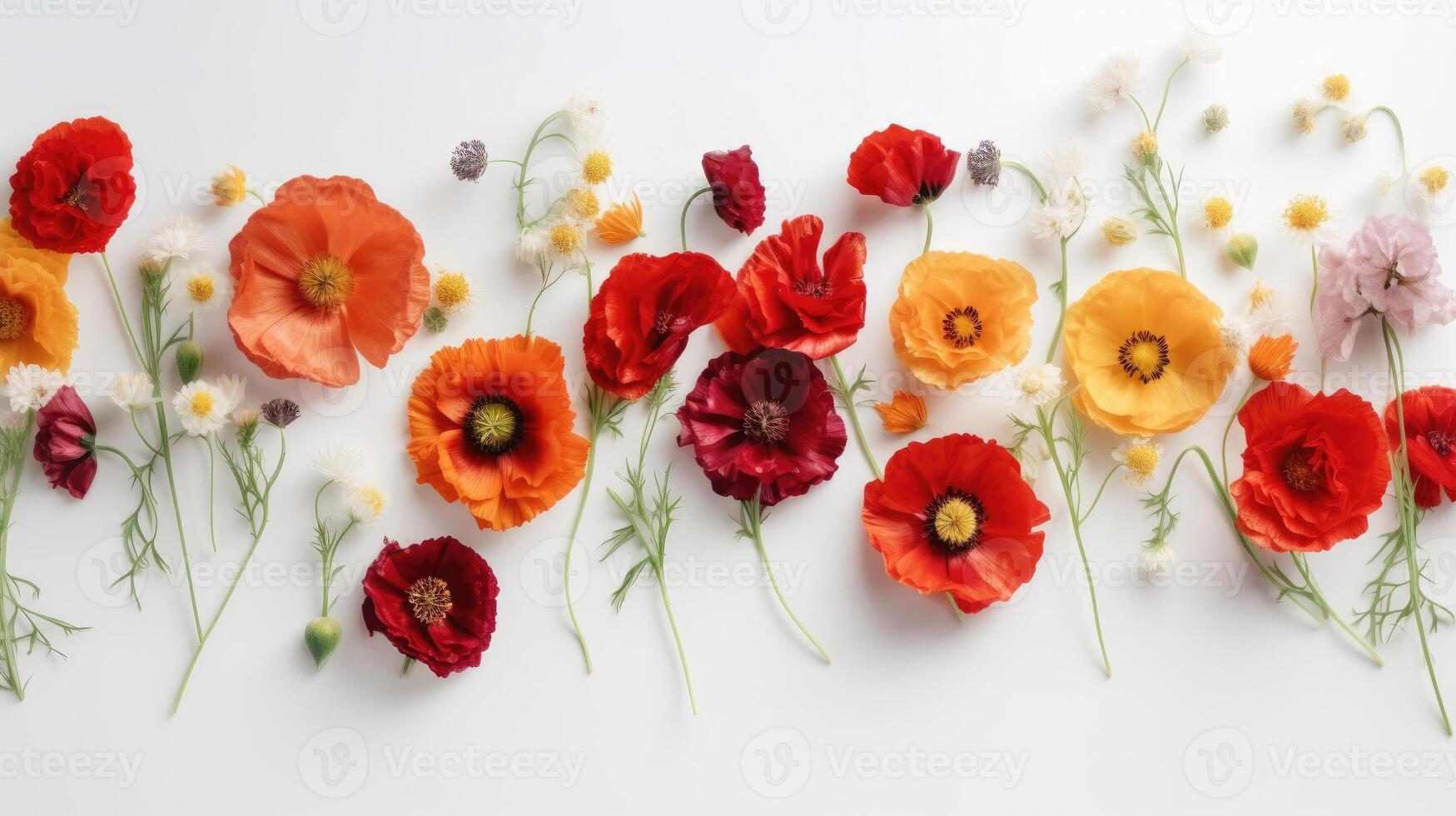 Flower composition. Red poppy flowers on white marble background. Flat lay. Top view. Wedding background. Festive concept. .Created with photo