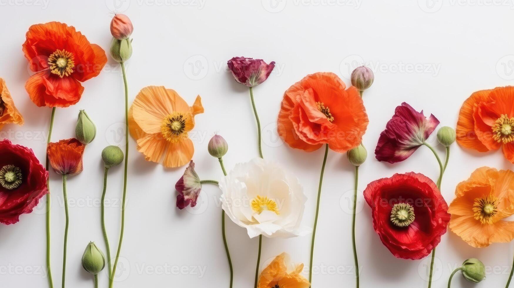 Flower composition. Red poppy flowers on white marble background. Flat lay. Top view. Wedding background. Festive concept. .Created with photo