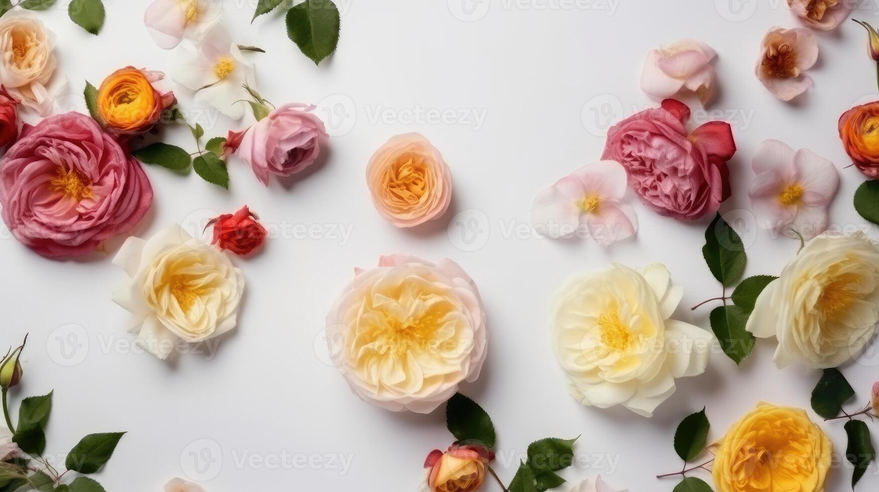 Flower composition. Red poppy flowers on white marble background. Flat lay. Top view. Wedding background. Festive concept. .Created with photo