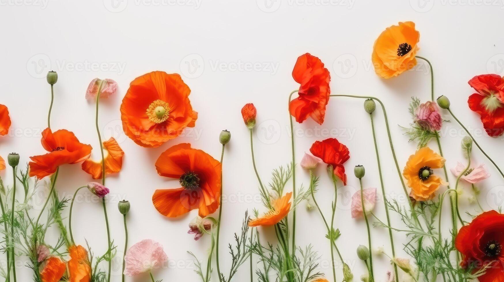 Flower composition. Red poppy flowers on white marble background. Flat lay. Top view. Wedding background. Festive concept. .Created with photo