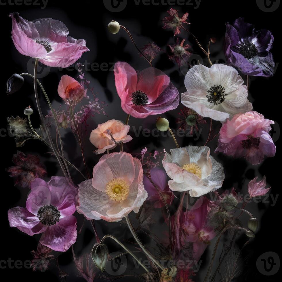 Floral still life in pastel colors depicting open poppy flowers isolated on a black background with detailed texture. .Created with photo