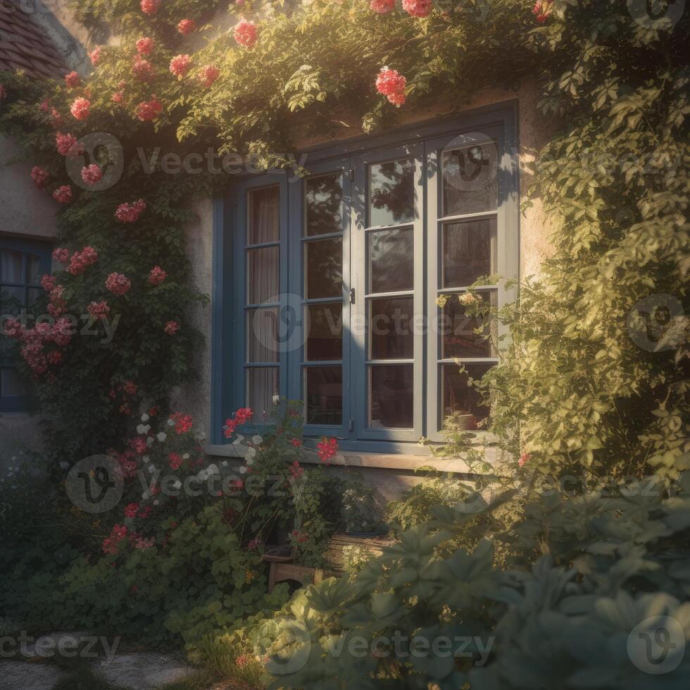 Vintage windows with open wooden shutters and fresh flowers. .Created with photo