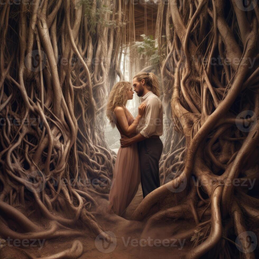 Couple kissing while sitting together in a forest. .Created with photo
