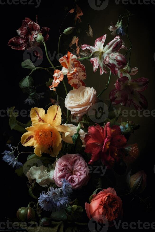 Beautiful bunch of colorful flowers on black background in vintage style. Festive flowers concept with copy space. .Created with photo