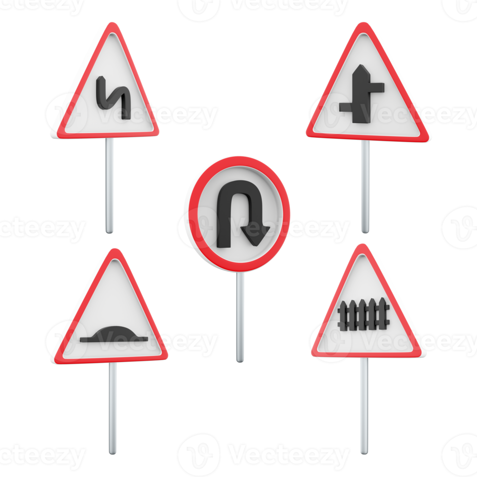 3d le rendu chemin de fer train niveau traversée, t circulation transport, dangereux se tourne avec premier gauche, artificiel irrégularité, intersection avec une secondaire route signe icône ensemble. 3d rendre icône ensemble. png