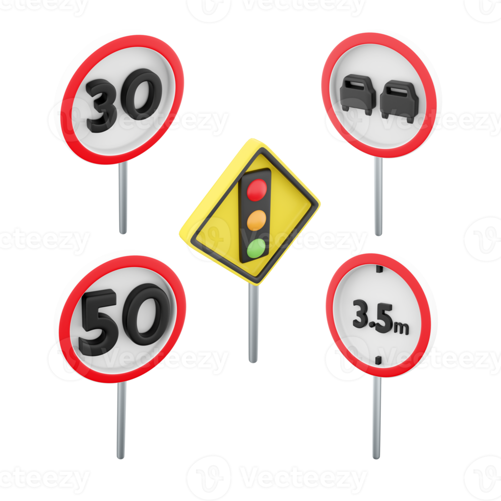 3d renderen verbieden de passage van voertuigen met een hoogte van meer dan 3.5 meter, maximaal snelheid begrenzing 50, maximaal snelheid begrenzing 30, verkeer licht regulatie, Nee inhalen weg teken icoon set. png