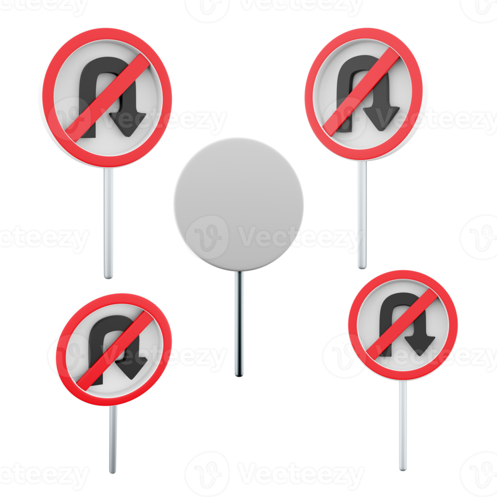 3d rendering No U turn road sign different positions icon set. 3d render road sign concept icon set. No U turn. png
