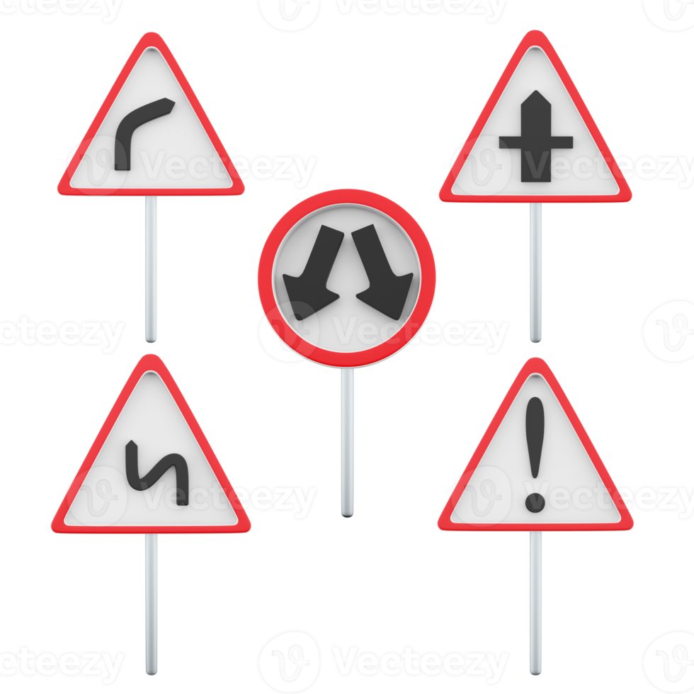 3d rendering dangerous right turn, intersection with secondary road, other hazard, dangerous turns, go around the obstacle on the left or right road sign icon set. 3d render road sign concept icon set png