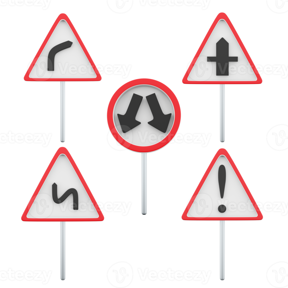 3d renderen gevaarlijk Rechtsaf draai, kruising met ondergeschikt weg, andere gevaar, gevaarlijk bochten, Gaan in de omgeving van de hindernis Aan de links of Rechtsaf weg teken icoon set. 3d geven weg teken concept icoon reeks png