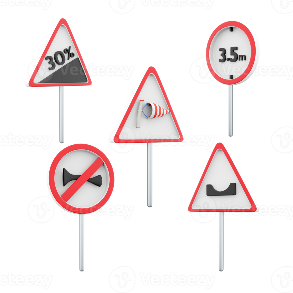 3d rendering prohibiting the passage of vehicles with a height of more than 3.5 meters, Hole in the road, side wind, Sound signal is prohibited road sign icon set. 3d render road sign concept icon set png