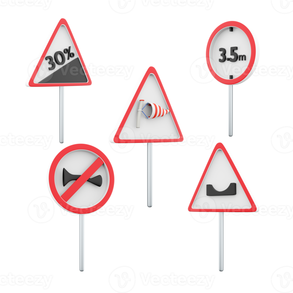 3d renderen verbieden de passage van voertuigen met een hoogte van meer dan 3.5 meter, gat in de weg, kant wind, geluid signaal is verboden weg teken icoon set. 3d geven weg teken concept icoon reeks png