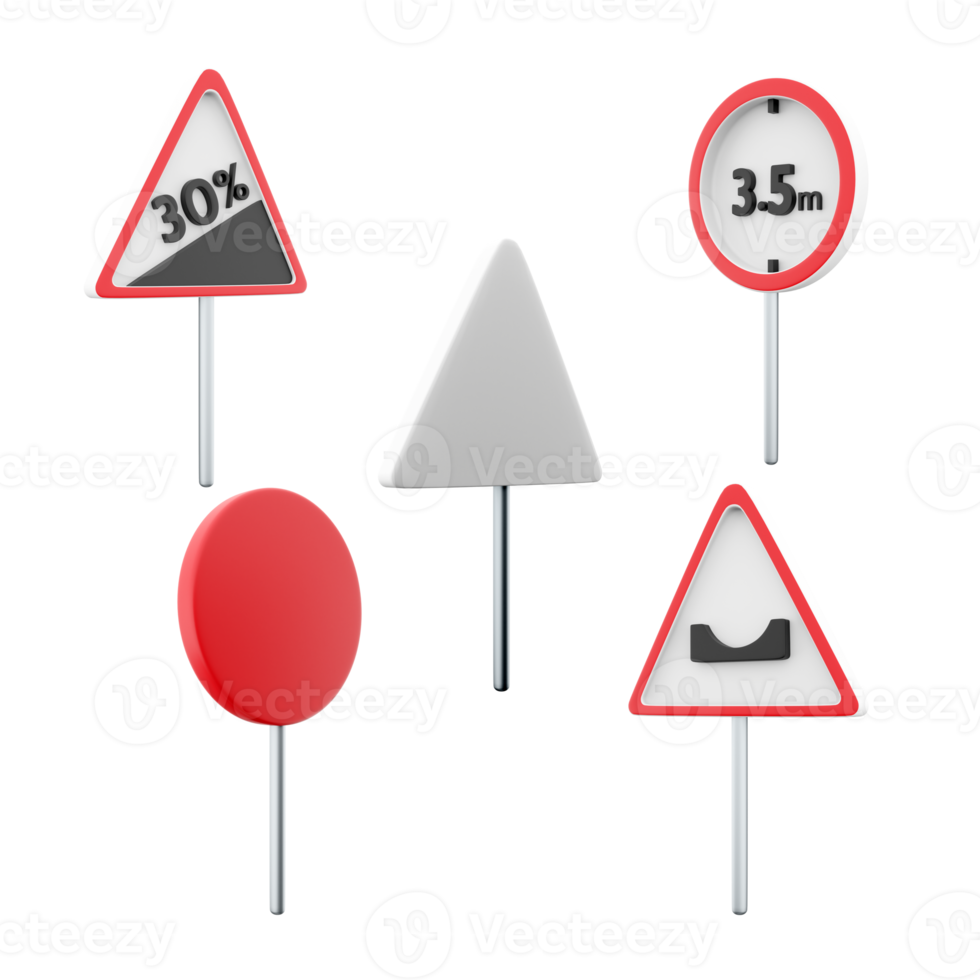 3d rendering steep climb 30 percent, prohibiting the passage of vehicles with a height of more than 3.5 meters, Hole in the road sign icon set. 3d render road sign concept icon set. png