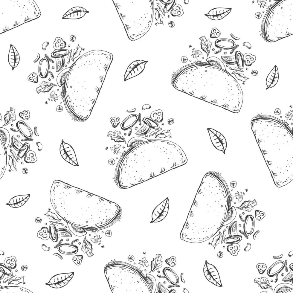 Vector vintage fast food seamless pattern. Hand drawn monochrome junk food illustration with tacos. Great for menu, poster or restaurant background.