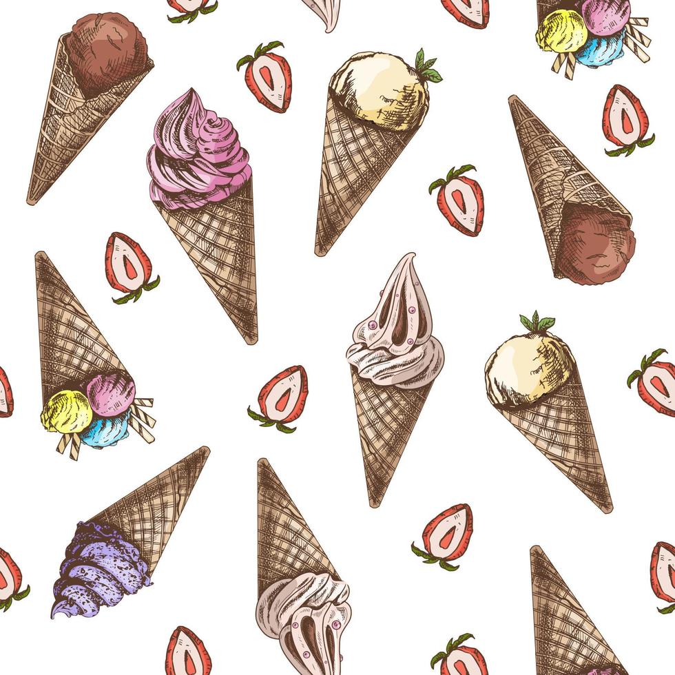 Vector vintage ice cream seamless pattern. Hand drawn colored  illustration of  waffle cones with frozen yogurt or soft ice cream and strawberries. Great for menu, poster or restaurant background.