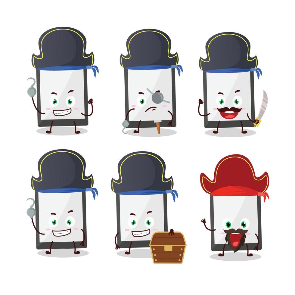 Cartoon character of tablet with various pirates emoticons vector