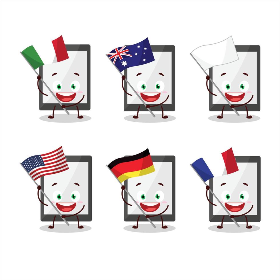 Tablet cartoon character bring the flags of various countries vector