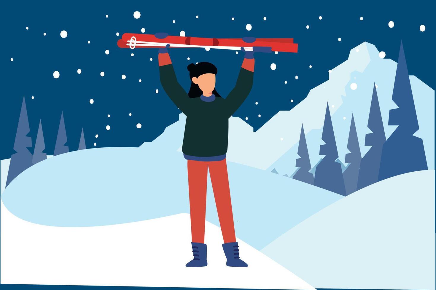 Girl standing holding ice skiing sticks. vector