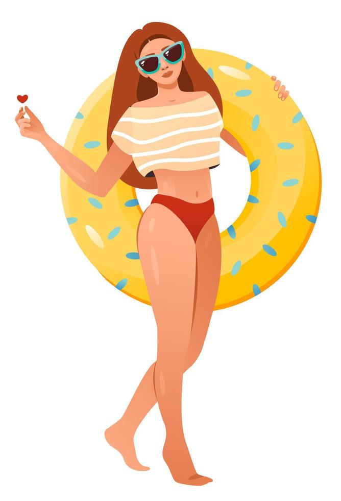 verano tiempo. un mujer en un traje de baño y un inflable anillo. dibujos animados vector ilustración.